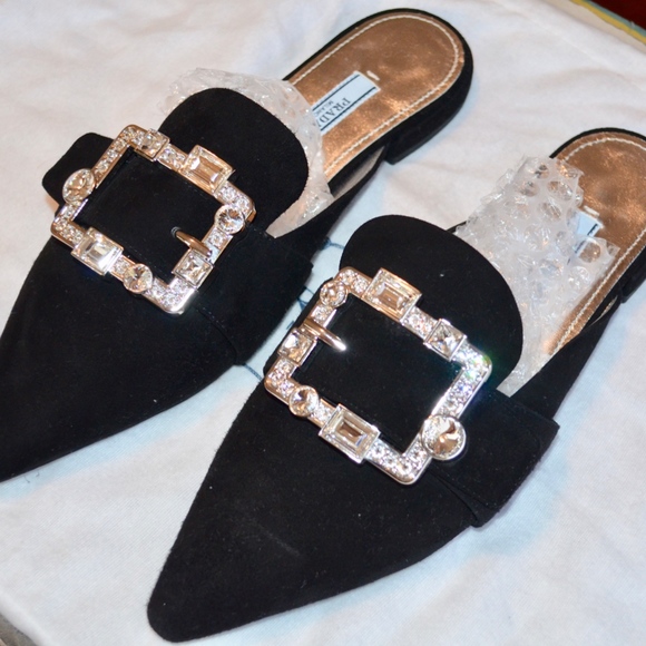 Prada Shoes - PRADA BLACK SUEDE CRYSTAL SLIPPER MULE SLIDES